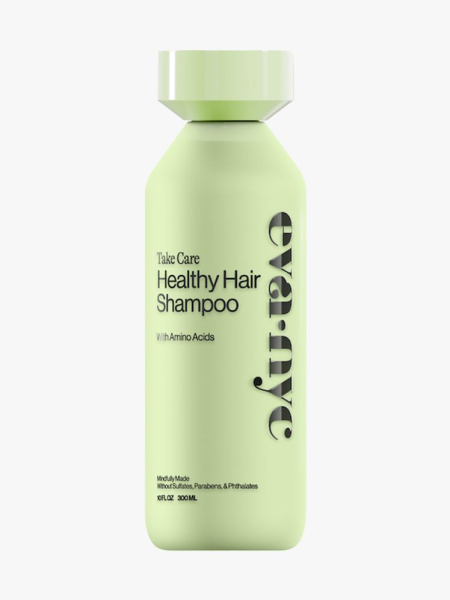 Eva NYC Take Care Healthy Hair Shampoo light green bottle of shampoo on light gray background