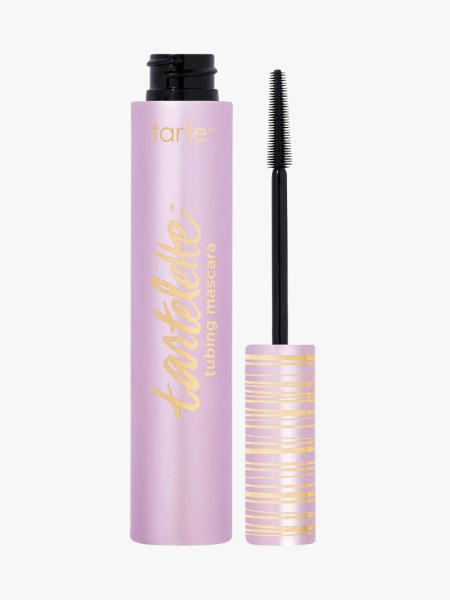 Tarte Tartelette Tubing Mascara pink tube with black mascara wand on light grey background